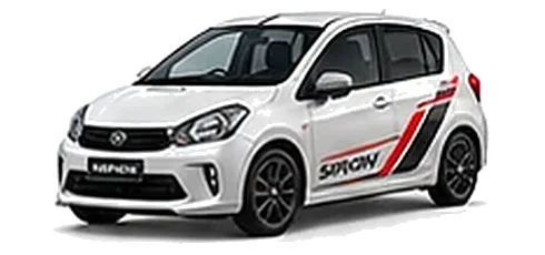 Daihatsu Sirion in Pearl White with racing-style vinyl side graphics, front three-quarter view on a white background.