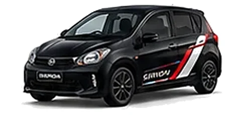 Daihatsu Sirion in Black Mica with racing-style vinyl side graphics, front three-quarter view on a white background.