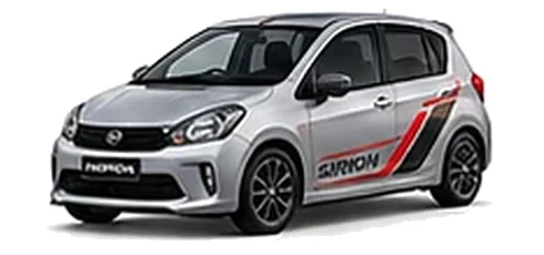 Daihatsu Sirion in Silver Metallic with racing-style vinyl side graphics, front three-quarter view on a white background.