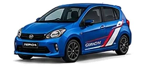 Daihatsu Sirion in Riviera Blue with racing-style vinyl side graphics, front three-quarter view on a white background.