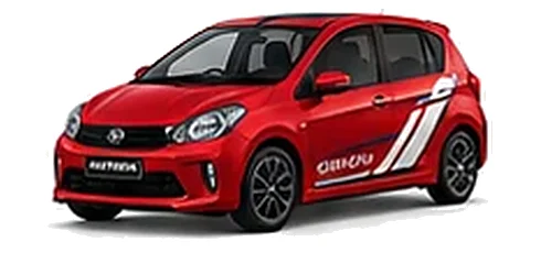Daihatsu Sirion in Shining Red with racing-style vinyl side graphics, front three-quarter view on a white background.