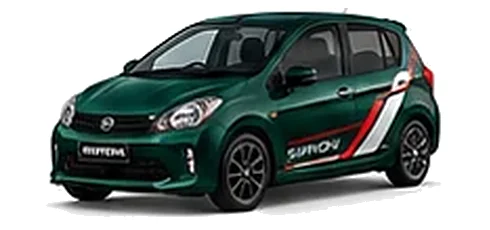 Daihatsu Sirion in British Green with racing-style vinyl side graphics, front three-quarter view on a white background.