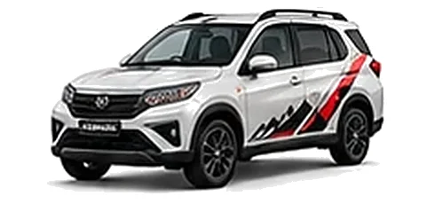 Daihatsu Terios in Pearl White with racing-style vinyl side graphics, front three-quarter view on a white background.