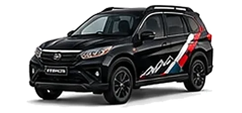 Daihatsu Terios in Black Mica with racing-style vinyl side graphics, front three-quarter view on a white background.