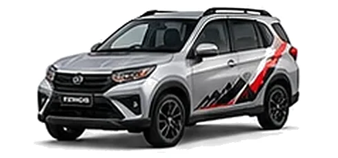 Daihatsu Terios in Silver Metallic with racing-style vinyl side graphics, front three-quarter view on a white background.