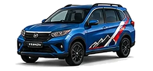 Daihatsu Terios in Riviera Blue with racing-style vinyl side graphics, front three-quarter view on a white background.