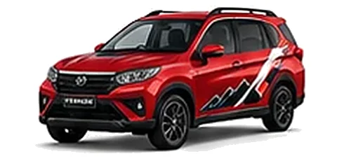 Daihatsu Terios in Shining Red with racing-style vinyl side graphics, front three-quarter view on a white background.