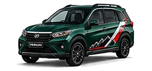 Daihatsu Terios in British Green with racing-style vinyl side graphics, front three-quarter view on a white background.