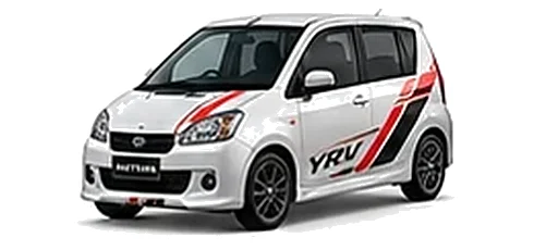 Daihatsu YRV in Pearl White with racing-style vinyl side graphics, front three-quarter view on a white background.