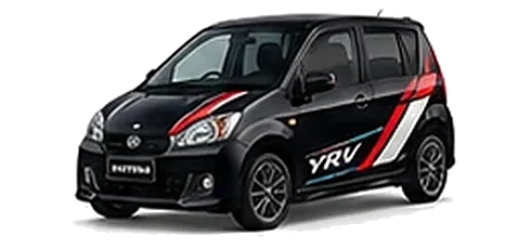 Daihatsu YRV in Black Mica with racing-style vinyl side graphics, front three-quarter view on a white background.