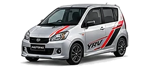 Daihatsu YRV in Silver Metallic with racing-style vinyl side graphics, front three-quarter view on a white background.