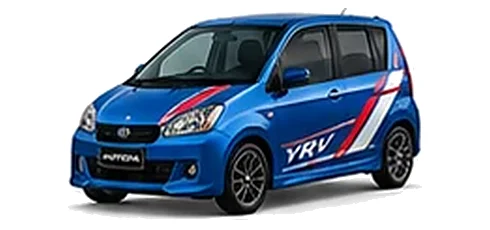 Daihatsu YRV in Riviera Blue with racing-style vinyl side graphics, front three-quarter view on a white background.
