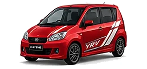 Daihatsu YRV in Shining Red with racing-style vinyl side graphics, front three-quarter view on a white background.