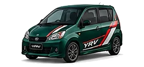 Daihatsu YRV in British Green with racing-style vinyl side graphics, front three-quarter view on a white background.