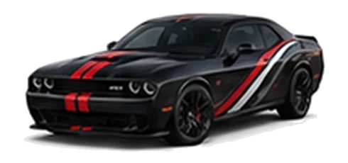 Dodge Challenger in Pitch Black with racing stripes and angular vinyl side graphics, front three-quarter view on a white background.