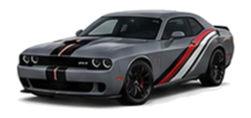 Dodge Challenger in Destroyer Grey with racing stripes and angular vinyl side graphics, front three-quarter view on a white background.