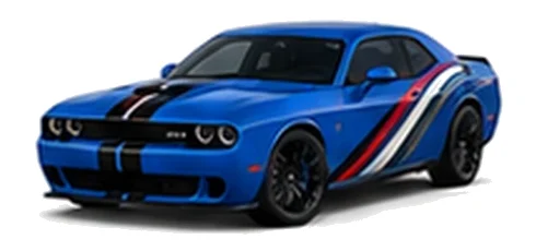Dodge Challenger in B5 Blue with racing stripes and angular vinyl side graphics, front three-quarter view on a white background.