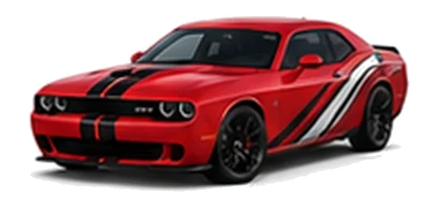Dodge Challenger in TorRed with racing stripes and angular vinyl side graphics, front three-quarter view on a white background.