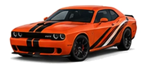 Dodge Challenger in Go Mango with racing stripes and angular vinyl side graphics, front three-quarter view on a white background.