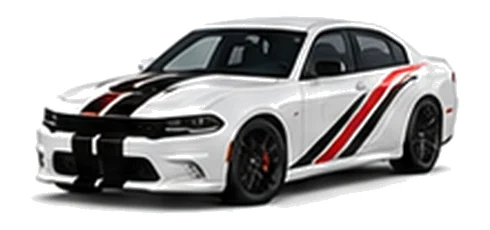 Dodge Charger in White Knuckle with racing stripes and angular vinyl side graphics, front three-quarter view on a white background.