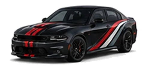 Dodge Charger in Pitch Black with racing stripes and angular vinyl side graphics, front three-quarter view on a white background.