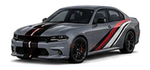 Dodge Charger in Destroyer Grey with racing stripes and angular vinyl side graphics, front three-quarter view on a white background.