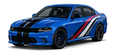 Dodge Charger in B5 Blue with racing stripes and angular vinyl side graphics, front three-quarter view on a white background.