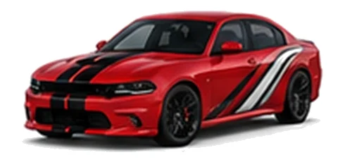Dodge Charger in TorRed with racing stripes and angular vinyl side graphics, front three-quarter view on a white background.