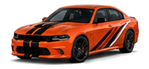 Dodge Charger in Go Mango with racing stripes and angular vinyl side graphics, front three-quarter view on a white background.