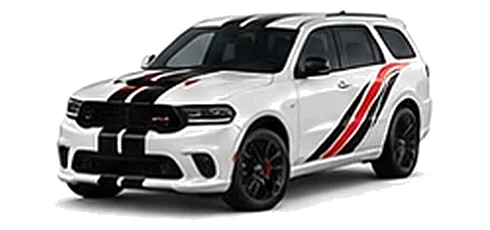 Dodge Durango in White Knuckle with racing stripes and angular vinyl side graphics, front three-quarter view on a white background.