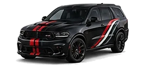 Dodge Durango in Pitch Black with racing stripes and angular vinyl side graphics, front three-quarter view on a white background.