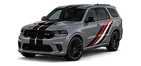 Dodge Durango in Destroyer Grey with racing stripes and angular vinyl side graphics, front three-quarter view on a white background.