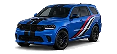 Dodge Durango in B5 Blue with racing stripes and angular vinyl side graphics, front three-quarter view on a white background.
