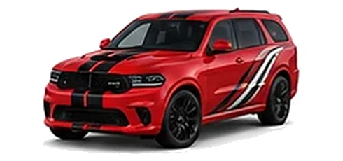 Dodge Durango in TorRed with racing stripes and angular vinyl side graphics, front three-quarter view on a white background.