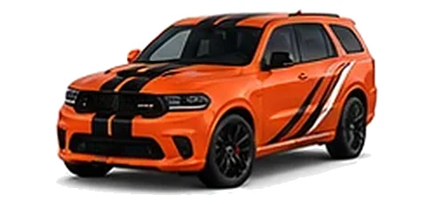 Dodge Durango in Go Mango with racing stripes and angular vinyl side graphics, front three-quarter view on a white background.
