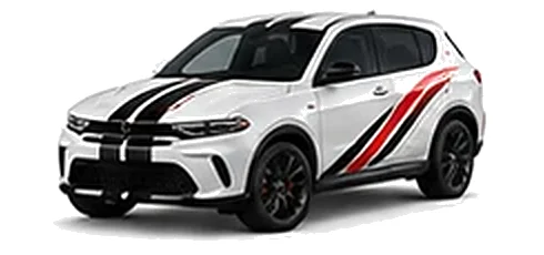 Dodge Hornet in White Knuckle with racing stripes and angular vinyl side graphics, front three-quarter view on a white background.