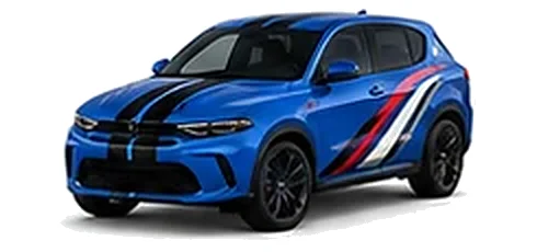 Dodge Hornet in B5 Blue with racing stripes and angular vinyl side graphics, front three-quarter view on a white background.