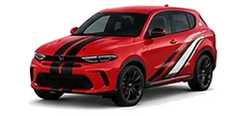 Dodge Hornet in TorRed with racing stripes and angular vinyl side graphics, front three-quarter view on a white background.