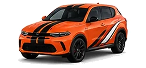 Dodge Hornet in Go Mango with racing stripes and angular vinyl side graphics, front three-quarter view on a white background.