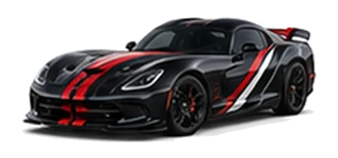 Dodge Viper in Pitch Black with racing stripes and angular vinyl side graphics, front three-quarter view on a white background.