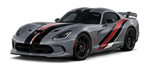 Dodge Viper in Destroyer Grey with racing stripes and angular vinyl side graphics, front three-quarter view on a white background.