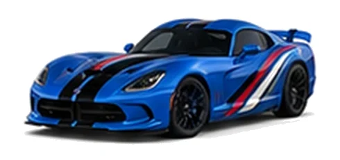 Dodge Viper in B5 Blue with racing stripes and angular vinyl side graphics, front three-quarter view on a white background.