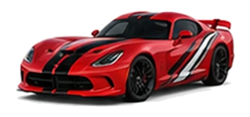 Dodge Viper in TorRed with racing stripes and angular vinyl side graphics, front three-quarter view on a white background.