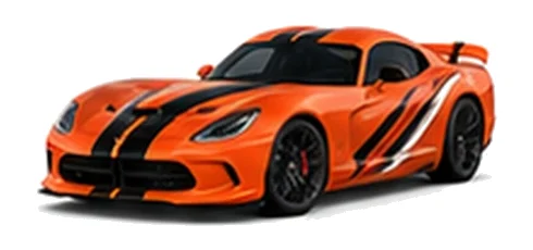 Dodge Viper in Go Mango with racing stripes and angular vinyl side graphics, front three-quarter view on a white background.