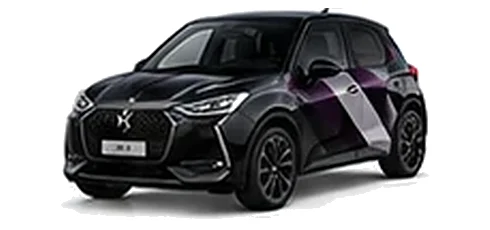 DS Automobiles DS 3 in Perla Nera Black with geometric vinyl side graphics, front three-quarter view on a white background.