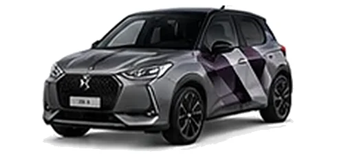 DS Automobiles DS 3 in Platinum Grey with geometric vinyl side graphics, front three-quarter view on a white background.