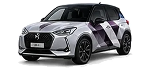 DS Automobiles DS 3 in Pearl Crystal with geometric vinyl side graphics, front three-quarter view on a white background.