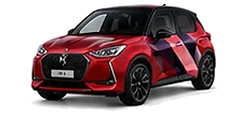 DS Automobiles DS 3 in Velvet Red with geometric vinyl side graphics, front three-quarter view on a white background.