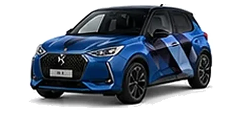 DS Automobiles DS 3 in Sapphire Blue with geometric vinyl side graphics, front three-quarter view on a white background.