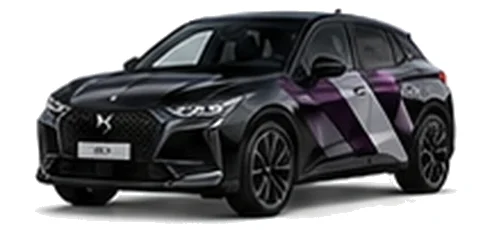 DS Automobiles DS 4 in Perla Nera Black with geometric vinyl side graphics, front three-quarter view on a white background.